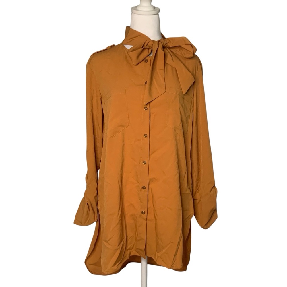 NWT Sandro Ferrone Women’s Medium Elegant Women's Bow Tie Blouse Warm Brown Luxe